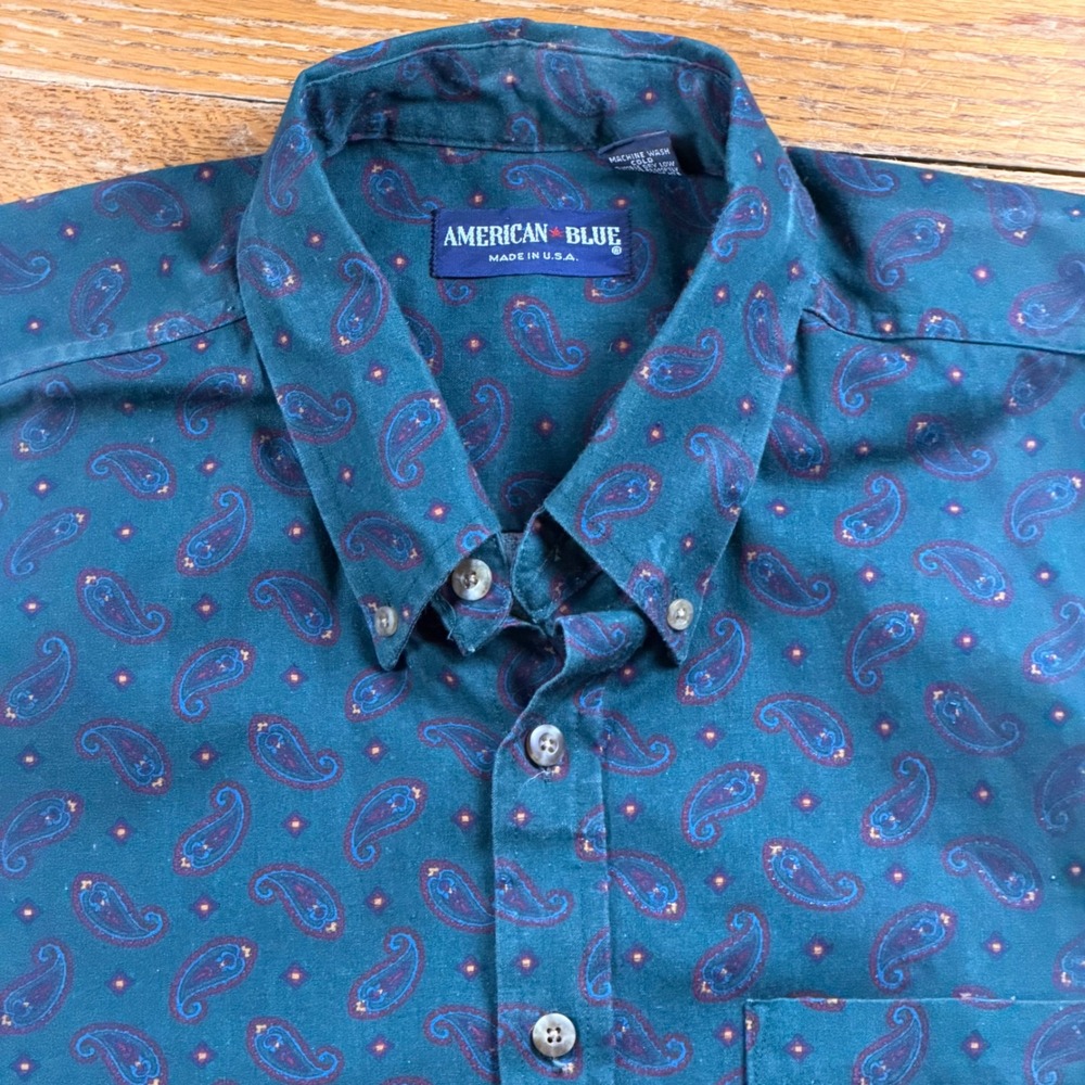 Vintage American‎ Blue Mens XL Paisley Button Shirt Short Sleeve Geometric USA